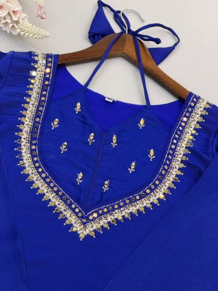 Blue Roman Glass Embroidered Top Plazzo Set with Moti Work Dupatta For Festival Ready To Wear Collection
