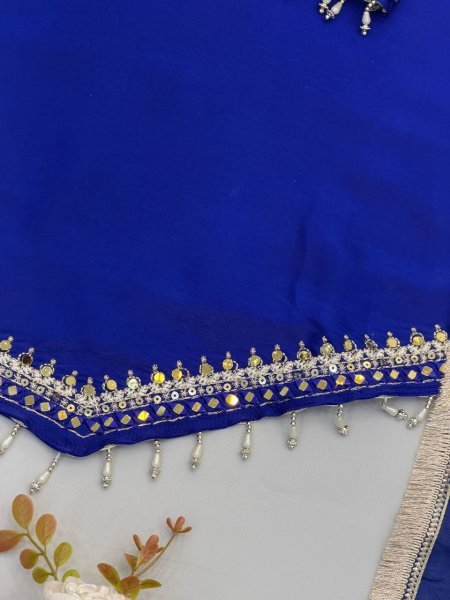 Blue Roman Glass Embroidered Top Plazzo Set with Moti Work Dupatta For Festival Ready To Wear Collection