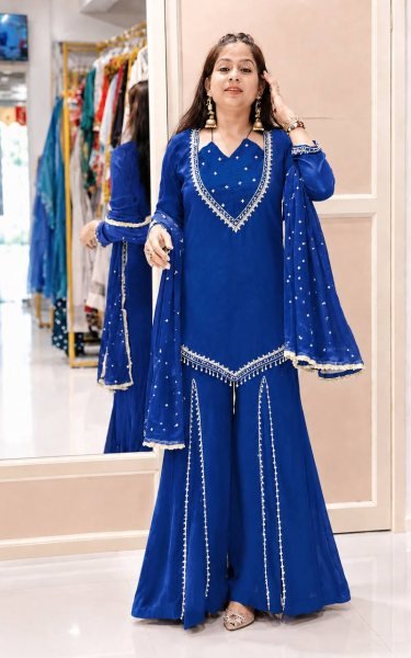 Blue Roman Glass Embroidered Top Plazzo Set with Moti Work Dupatta For Festival Ready To Wear Collection
