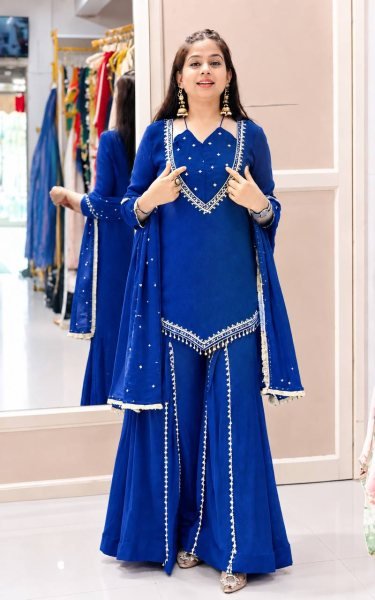 Blue Roman Glass Embroidered Top Plazzo Set with Moti Work Dupatta For Festival Ready To Wear Collection
