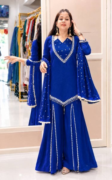 Blue Roman Glass Embroidered Top Plazzo Set with Moti Work Dupatta For Festival Ready To Wear Collection
