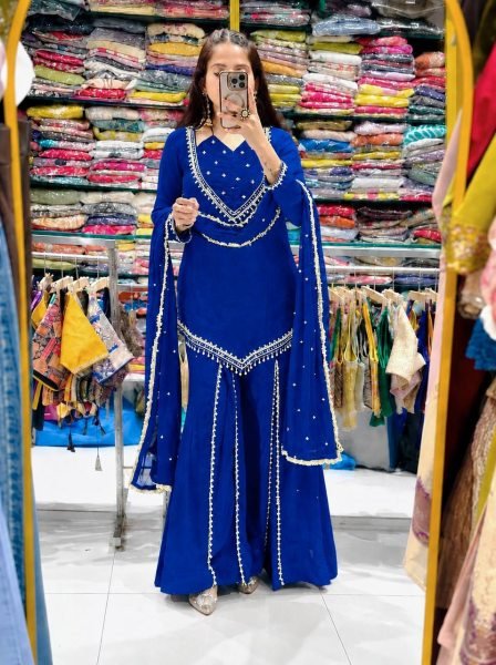 Blue Roman Glass Embroidered Top Plazzo Set with Moti Work Dupatta For Festival Ready To Wear Collection