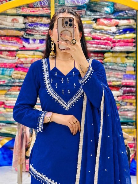 Blue Roman Glass Embroidered Top Plazzo Set with Moti Work Dupatta For Festival Ready To Wear Collection