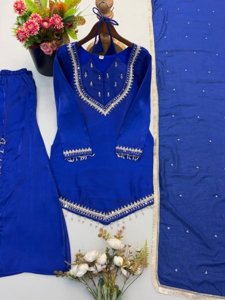 Blue Roman Glass Embroidered Top Plazzo Set with Moti Work Dupatta For Festival Ready To Wear Collection