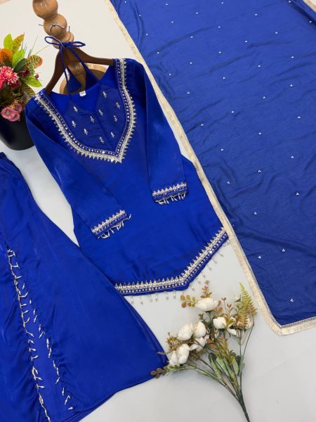 Blue Roman Glass Embroidered Top Plazzo Set with Moti Work Dupatta For Festival Ready To Wear Collection