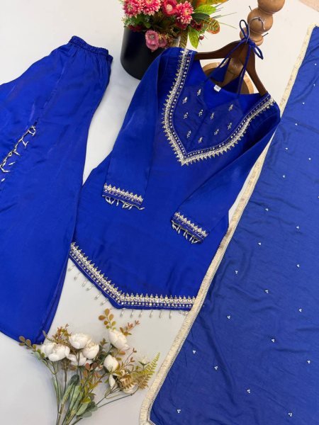 Blue Roman Glass Embroidered Top Plazzo Set with Moti Work Dupatta For Festival Ready To Wear Collection