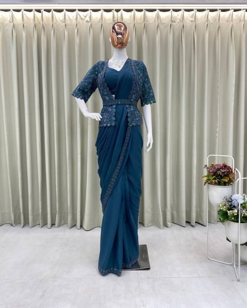 Blue Star Georgette Ready to Wear Saree with Sequin   Embroidery  Fully Stitched Blouse   Fancy Belt Wholesale Partywear Set Ready To Wear Saree 
