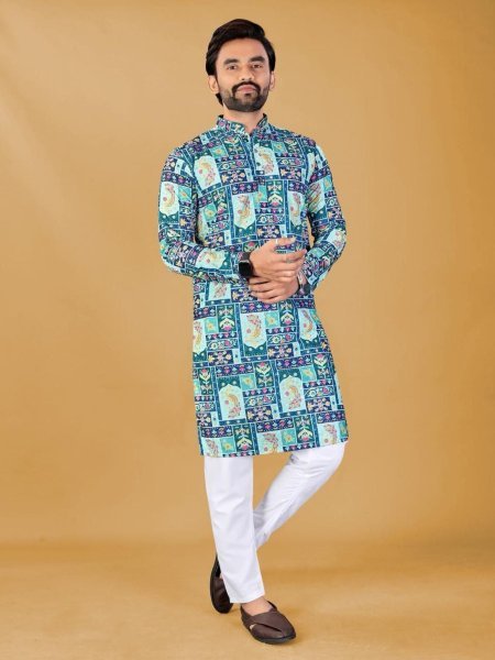 Blue Traditional Kurta with Modern Digital Print for Garba Night Mens Wear