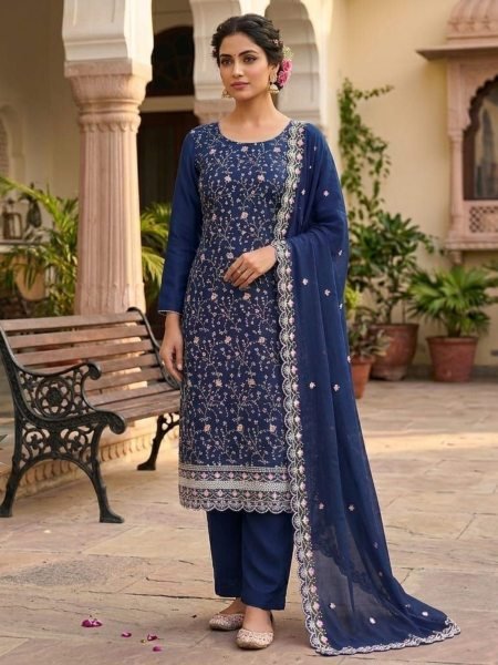Blue Vichitra Silk Embroidered Dress Material with Designer Dupatta for Wedding Functions Dress Material 