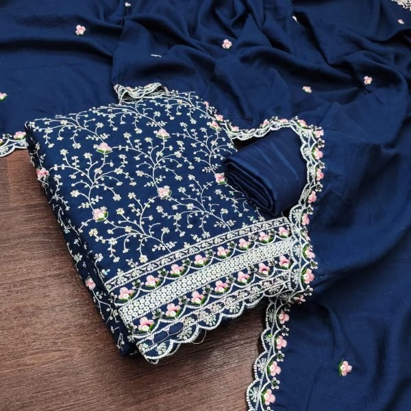 Blue Vichitra Silk Embroidered Dress Material with Designer Dupatta for Wedding Functions Color Set Matching Dress Material Wholesale