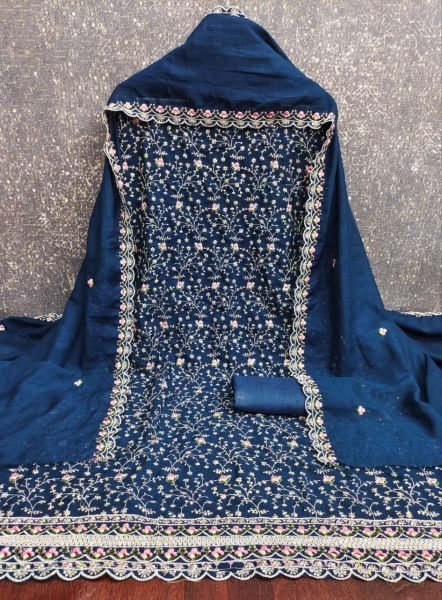 Blue Vichitra Silk Embroidered Dress Material with Designer Dupatta for Wedding Functions Color Set Matching Dress Material Wholesale