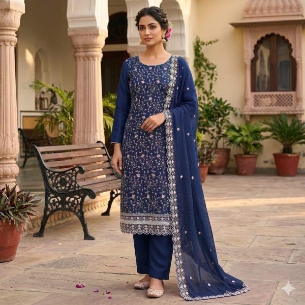 Blue Vichitra Silk Embroidered Dress Material with Designer Dupatta for Wedding Functions Color Set Matching Dress Material Wholesale