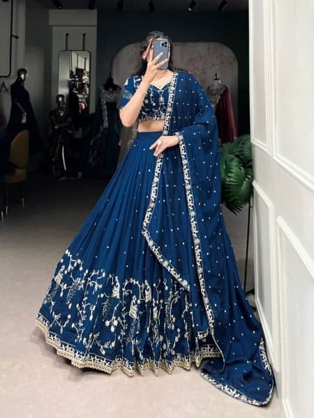 Blue Vichitra Silk Lehenga and Arti Silk Choli with All Over Zari Sequins Work and Dupatta