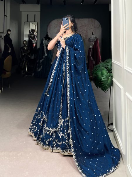 Blue Vichitra Silk Lehenga and Arti Silk Choli with All Over Zari Sequins Work and Dupatta Designer Lehenga Choli