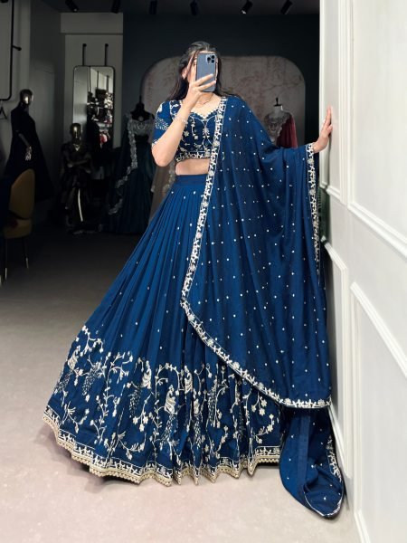 Blue Vichitra Silk Lehenga and Arti Silk Choli with All Over Zari Sequins Work and Dupatta Designer Lehenga Choli