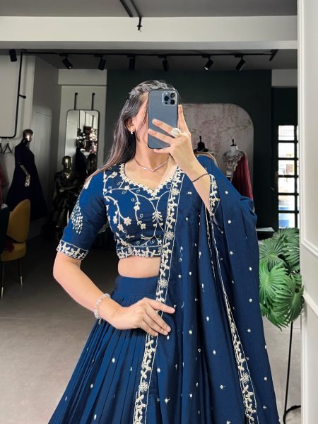 Blue Vichitra Silk Lehenga and Arti Silk Choli with All Over Zari Sequins Work and Dupatta Designer Lehenga Choli