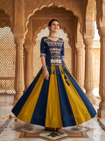 Blue Yellow Fully Stitched Pure Cotton Navratri Lehenga Choli with Mirror Work at Wholesale Rate  Lehenga