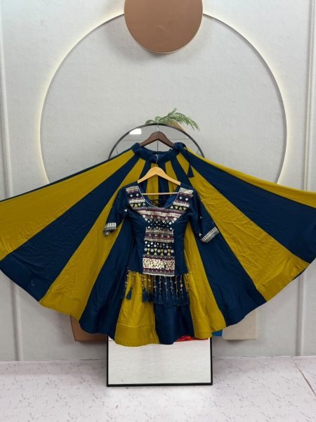 Blue Yellow Fully Stitched Pure Cotton Navratri Lehenga Choli with Mirror Work at Wholesale Rate Navratri Lehnega Choli