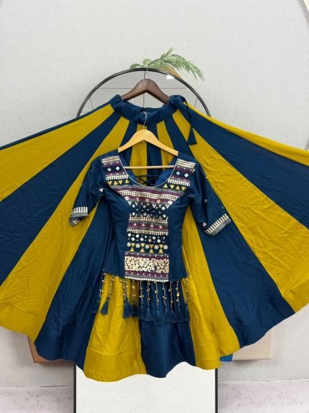 Blue Yellow Fully Stitched Pure Cotton Navratri Lehenga Choli with Mirror Work at Wholesale Rate Navratri Lehnega Choli