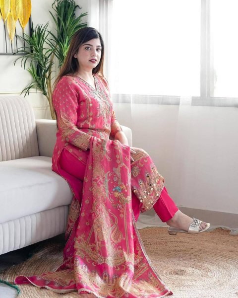 Blush Bloom Light Pink Satin Kurti Set Luxe Digital Print 3-Piece Silk Ensemble for Festive Wear  Straight Cut Long Kurtis