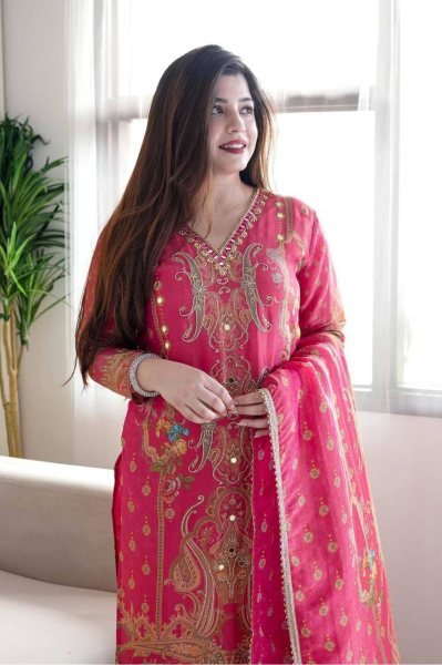 Blush Bloom Light Pink Satin Kurti Set Luxe Digital Print 3-Piece Silk Ensemble for Festive Wear  Straight Cut Long Kurtis