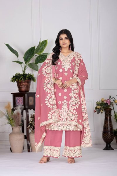 Blush Elegance in Baby Pink Palazzo Set Georgette Kurti with Mirror Embroidery   Dupatta Embroidery Kurtis 