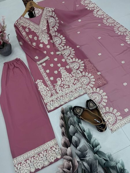 Blush Elegance in Baby Pink Palazzo Set Georgette Kurti with Mirror Embroidery   Dupatta Embroidery Kurtis 