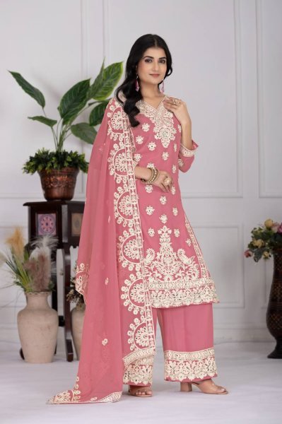 Blush Elegance in Baby Pink Palazzo Set Georgette Kurti with Mirror Embroidery   Dupatta Embroidery Kurtis 