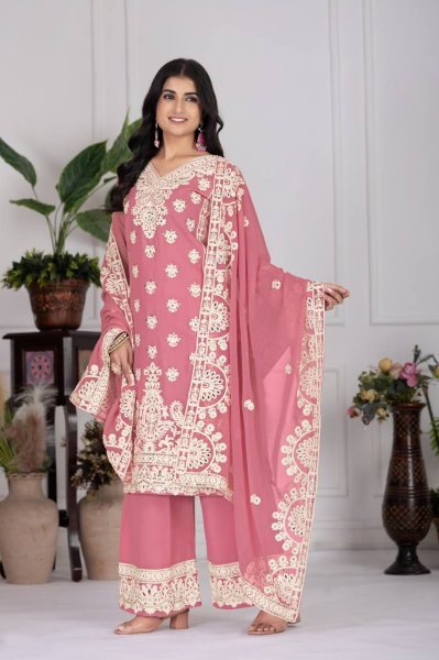 Blush Elegance in Baby Pink Palazzo Set Georgette Kurti with Mirror Embroidery   Dupatta Embroidery Kurtis 