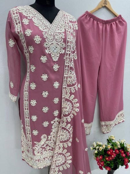 Blush Elegance in Baby Pink Palazzo Set Georgette Kurti with Mirror Embroidery   Dupatta Embroidery Kurtis 