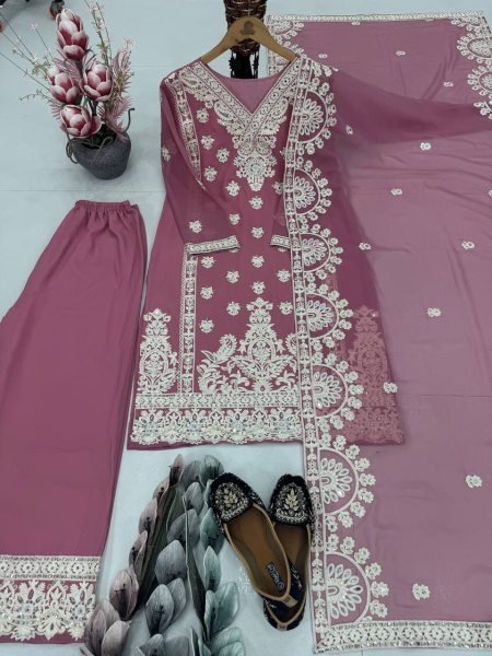Blush Elegance in Baby Pink Palazzo Set Georgette Kurti with Mirror Embroidery   Dupatta Embroidery Kurtis 