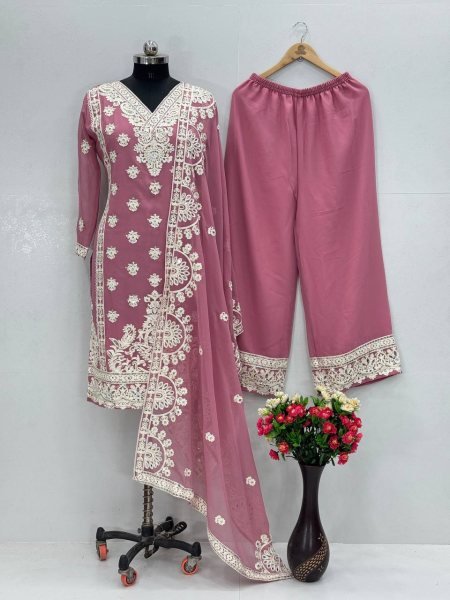 Blush Elegance in Baby Pink Palazzo Set Georgette Kurti with Mirror Embroidery   Dupatta Embroidery Kurtis 