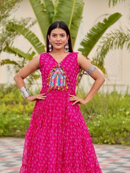 Blush Glow Pink Fox Georgette Heavy Mirror Embroidered Gown with Grand Flair at Low Price 