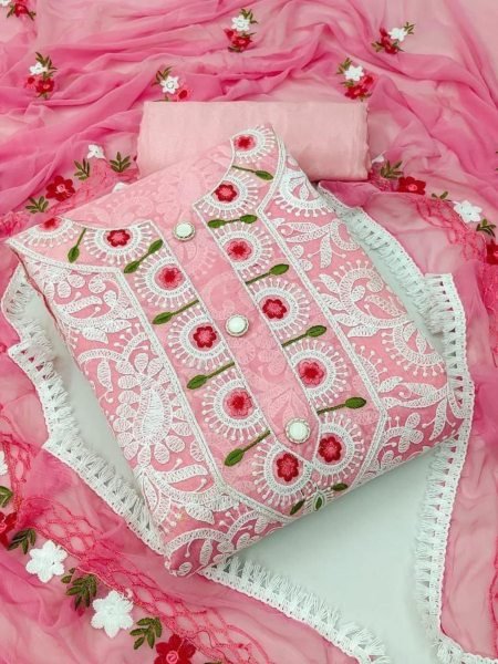 Blush Lucknowi Pink Chanderi Dress Material with Elegant Thread Work & Dupatta Dress Material 