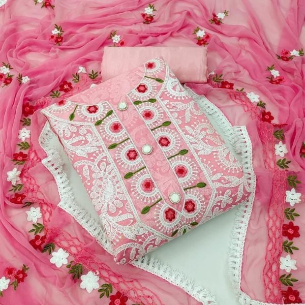 Blush Lucknowi Pink Chanderi Dress Material with Elegant Thread Work & Dupatta Color Set Matching Dress Material Wholesale