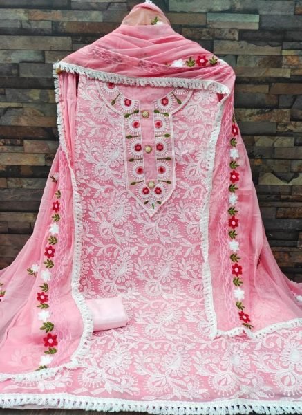 Blush Lucknowi Pink Chanderi Dress Material with Elegant Thread Work & Dupatta Color Set Matching Dress Material Wholesale