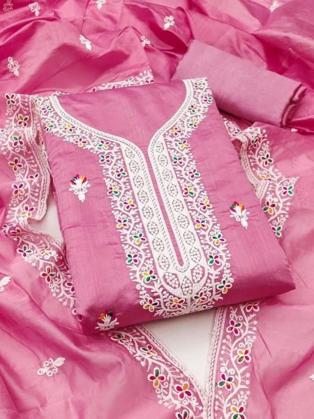 Blush Pink Chanderi Unstitched Set with Festive Embroidered Neckline Dress Material 