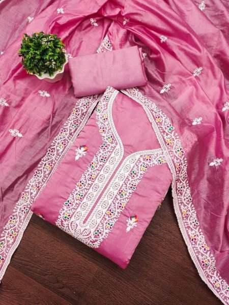 Blush Pink Chanderi Unstitched Set with Festive Embroidered Neckline Color Set Matching Dress Material Wholesale