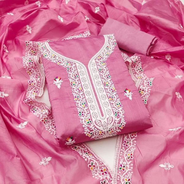 Blush Pink Chanderi Unstitched Set with Festive Embroidered Neckline Color Set Matching Dress Material Wholesale