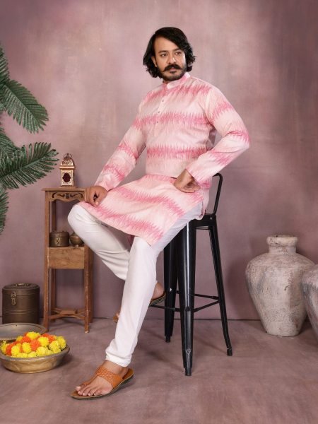 Blush Pink Cotton Printed Kurta Set For Wedding Look  Mens Wear