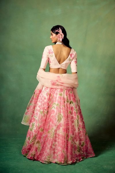 Blush Pink Floral Taby Silk Lehenga Choli Set with Hand Painted Blouse   Organza Dupatta Set at Low Price  Designer Lehenga Choli
