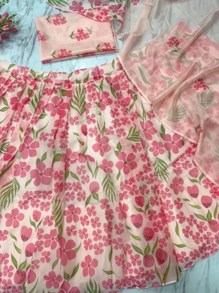 Blush Pink Floral Taby Silk Lehenga Choli Set with Hand Painted Blouse   Organza Dupatta Set at Low Price  Designer Lehenga Choli