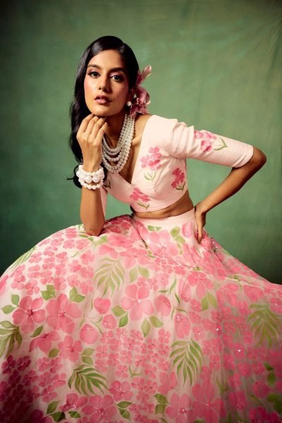 Blush Pink Floral Taby Silk Lehenga Choli Set with Hand Painted Blouse   Organza Dupatta Set at Low Price  Designer Lehenga Choli