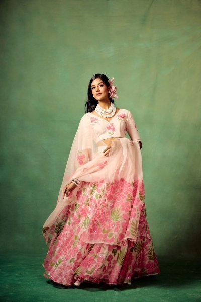 Blush Pink Floral Taby Silk Lehenga Choli Set with Hand Painted Blouse   Organza Dupatta Set at Low Price  Designer Lehenga Choli