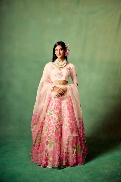 Blush Pink Floral Taby Silk Lehenga Choli Set with Hand Painted Blouse   Organza Dupatta Set at Low Price  Designer Lehenga Choli