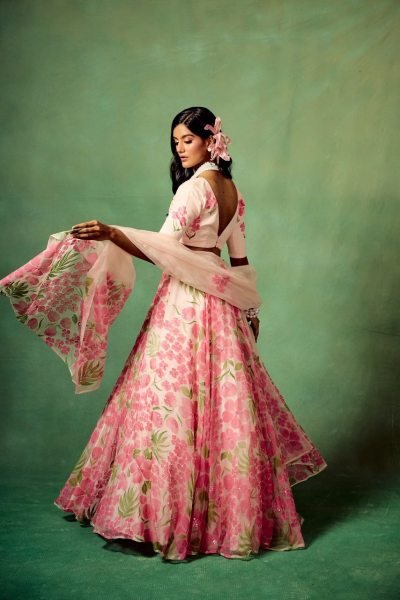 Blush Pink Floral Taby Silk Lehenga Choli Set with Hand Painted Blouse   Organza Dupatta Set at Low Price  Designer Lehenga Choli