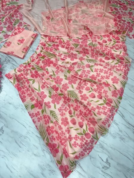 Blush Pink Floral Taby Silk Lehenga Choli Set with Hand Painted Blouse   Organza Dupatta Set at Low Price  Designer Lehenga Choli