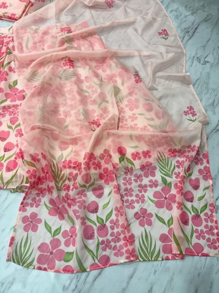 Blush Pink Floral Taby Silk Lehenga Choli Set with Hand Painted Blouse   Organza Dupatta Set at Low Price  Designer Lehenga Choli