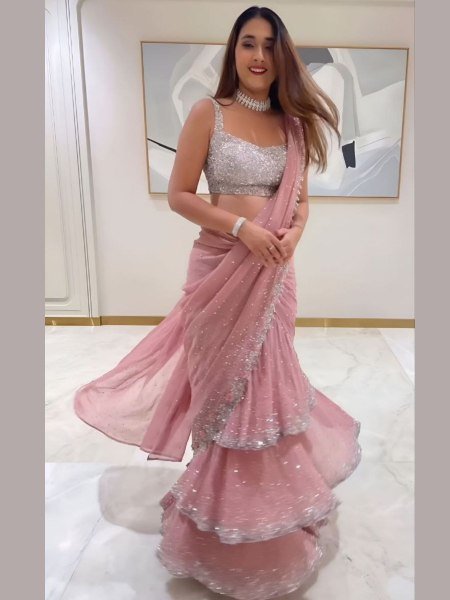 Blush Pink Frill Saree in Faux Georgette Perfect for Luxe Evening Parties Sarees 