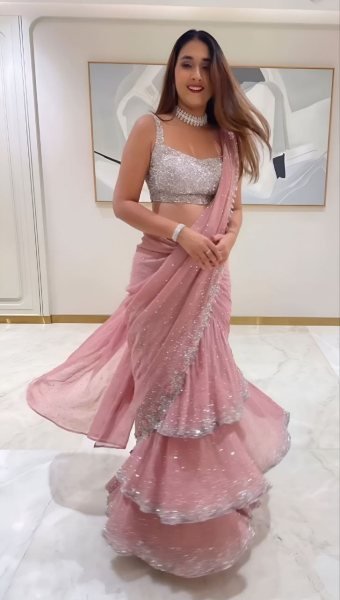 Blush Pink Frill Saree in Faux Georgette Perfect for Luxe Evening Parties Ready To Wear Saree 